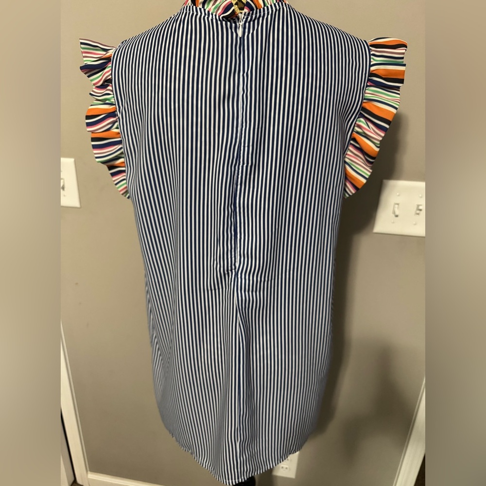 Striped Blue and Multicolor Ruffle Top - Picture 7 of 8